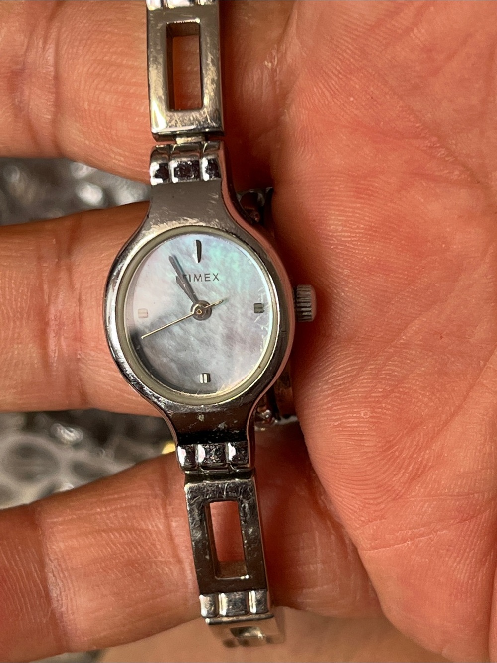 Timex Silver Bracelet Watch with Iridescent Mother-of-Pearl Dial